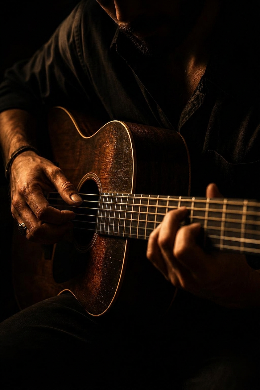 Close-up of hands playing acoustic guitar in warm light