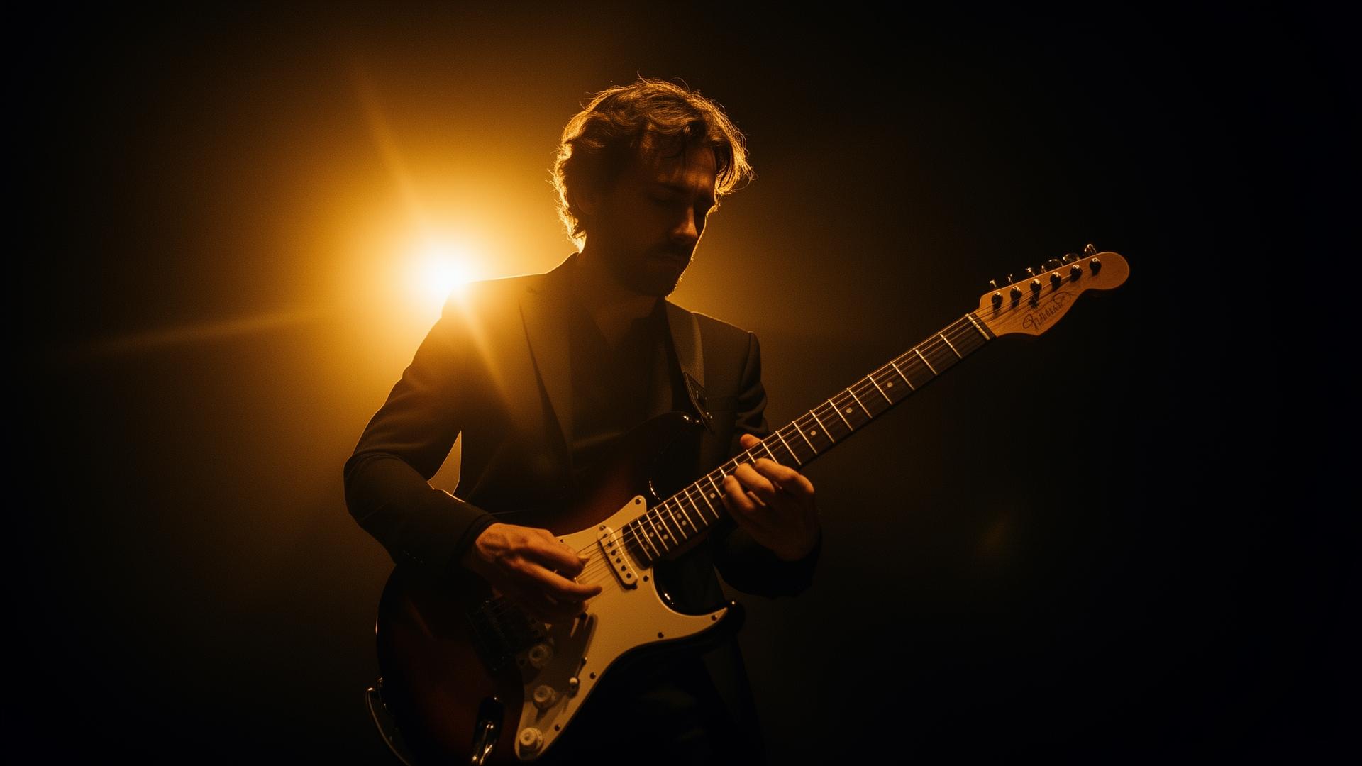 Mikey Piscopo performing electric guitar on stage with warm stage lighting